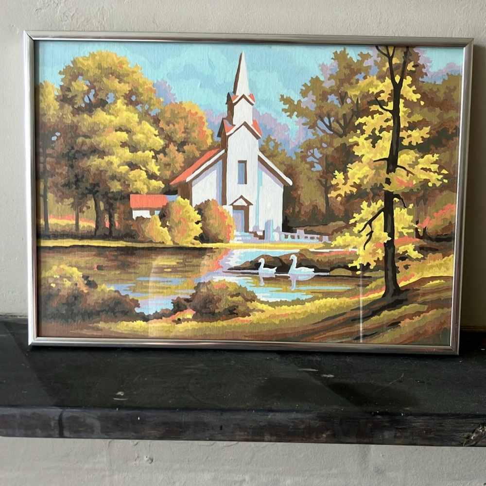 Vintage Framed Paint by Numbers Fall Landscape Painting 70s
